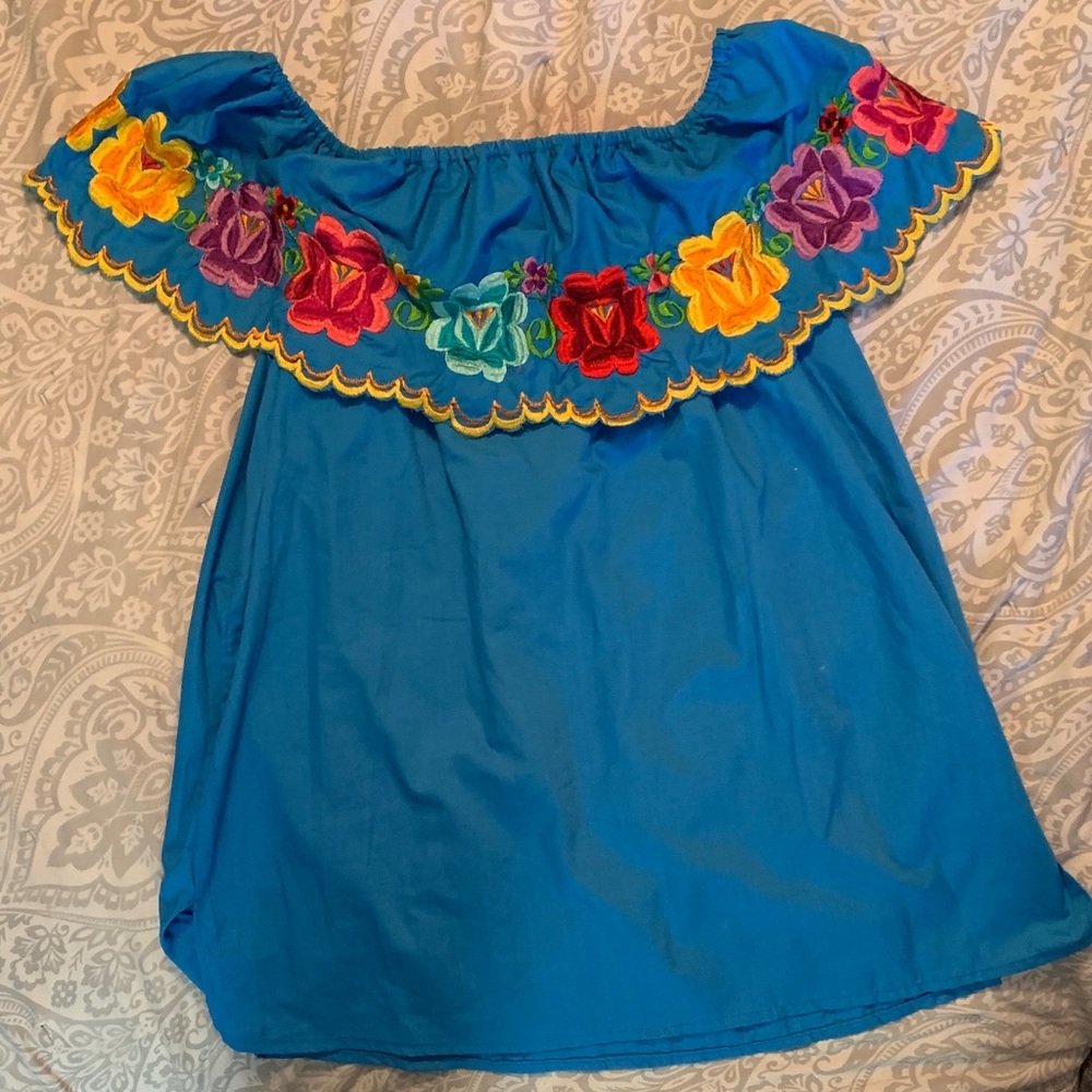 Mexican Colorful Off-Shoulder Dress with Floral Embroidery
